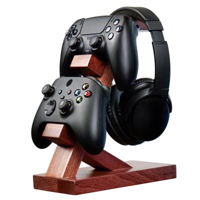 JevLoN Wooden Controller Stand with Headphone Holder, Wood Headphones Stand Holder Gamepad Holder, Controller & Headset Stand, for All Kinds of Game Controller and All Headphone Sizes(A)