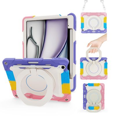 ACEMO for iPad Air 13 inch Case M3 M2 with Pencil Holder, 360 Rotating Kickstand Handle, Shoulder Strap for Kids Girls Heavy Duty Protective Cover for iPad Air 13 2025 2024, Pink