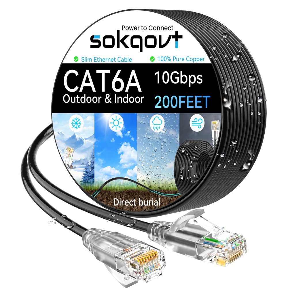 Cat6a Ethernet Cable Slim 200ft Outdoor&Indoor, 28AWG Pure Copper Cat6 Internet Cable for Waterproof & Direct Burial, Flexible Cat6 Ethernet Cable 10G 550MHZ, Cat 6 Network cable for Indoor Black