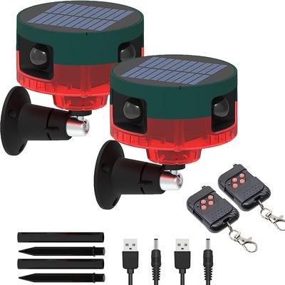 AMZSTAR Outdoor solar motion sensor alarm, 360  range motion monitor IP65 waterproof 4 working mode villa farm barn orchard customized sound alarm LED flashing light (Red-2)