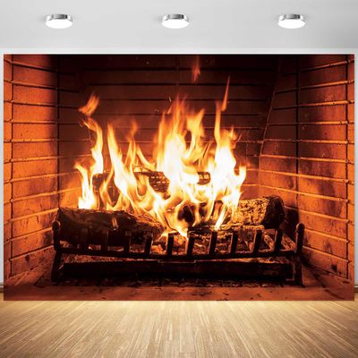 10x8ft Fireplace Backdrop Burning Woods Flaming Fireplace Photography Background Outdoor Camping Travel Barbecues Party Christmas Fireplace Portrait Decorations Photo Booth Props