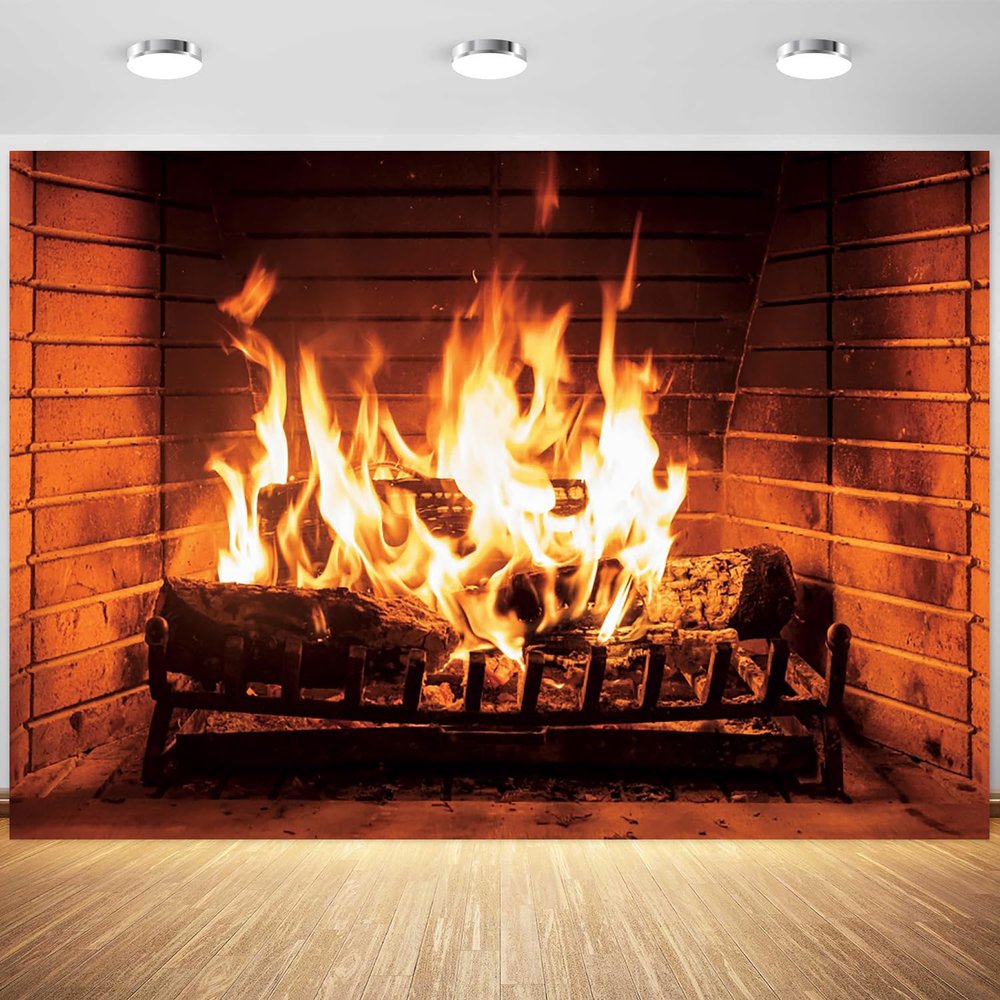 10x8ft Fireplace Backdrop Burning Woods Flaming Fireplace Photography Background Outdoor Camping Travel Barbecues Party Christmas Fireplace Portrait Decorations Photo Booth Props