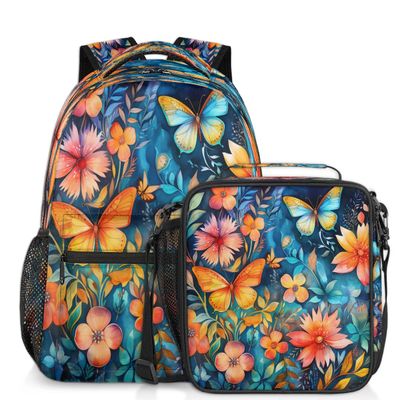 Backpack with Lunch Box Travel Backpack Colorful Butterfly Floral Bookbag & Lunch Bag Insulated Lunchbox Waterproof Daypack Laptop Backpack Freezable Lunch Bag