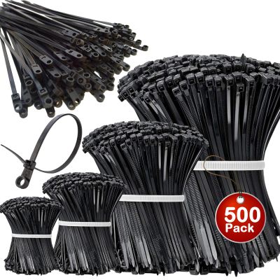 400+100Pcs Zip Ties Assorted Sizes Black Zip Ties with Screw Hole 100Pack 4/6/8/12 Inch Standard Cable Ties 400Pack Cable Tie with Screw Mounting Hole Plastic Wire Ties Mount Zipties Mounts