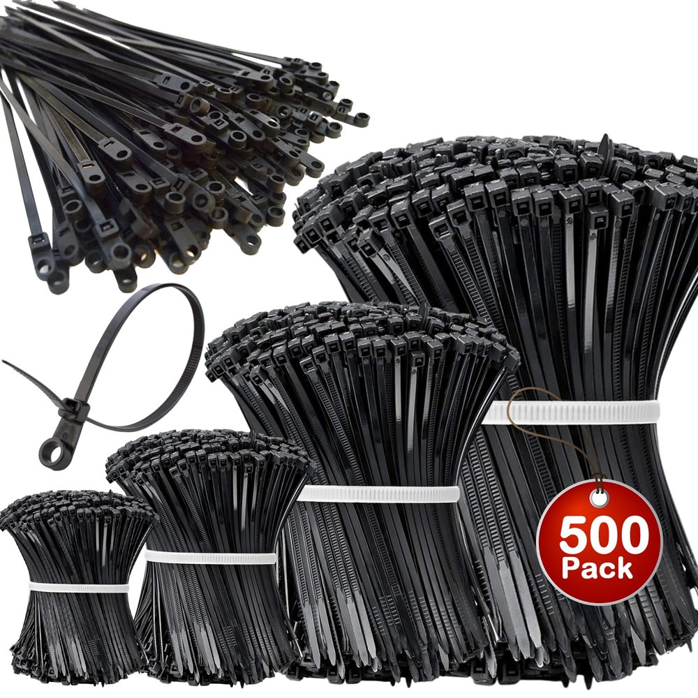 400+100Pcs Zip Ties Assorted Sizes Black Zip Ties with Screw Hole 100Pack 4/6/8/12 Inch Standard Cable Ties 400Pack Cable Tie with Screw Mounting Hole Plastic Wire Ties Mount Zipties Mounts