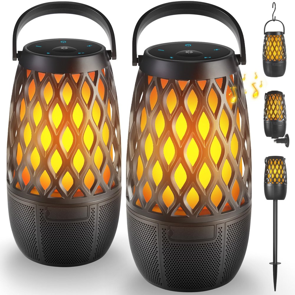 QUEQIMU Outdoor Bluetooth Speakers Waterproof Wireless Outdoor Speakers with Flame Lights, Tech Gadgets Gift for Men Dad Her, Multi-Sync up to 100 Speakers, HD Stereo Sound, IPX5 for Patio Porch Party