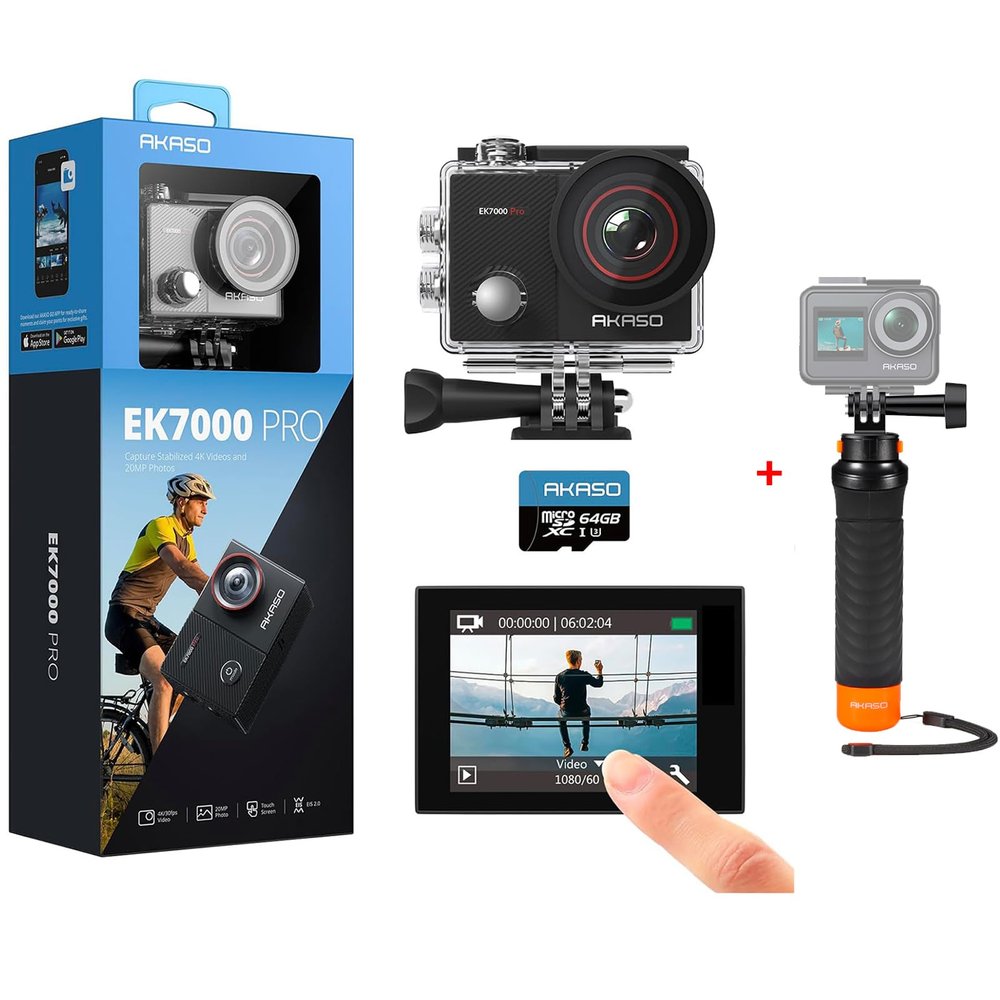 AKASO EK7000 Pro Action Camera with 64GB U3 SD Card and Waterproof Floating Hand Grip Bundle