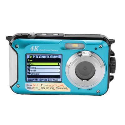 Depisuta 4K Underwater Camera, 56MP Autofocus 16X Digital Zoom 10FT Camera Rechargable Dual Screens Selfie Compact Digital Camera with 64G Memory Card for Snorkeling Diving, Blue
