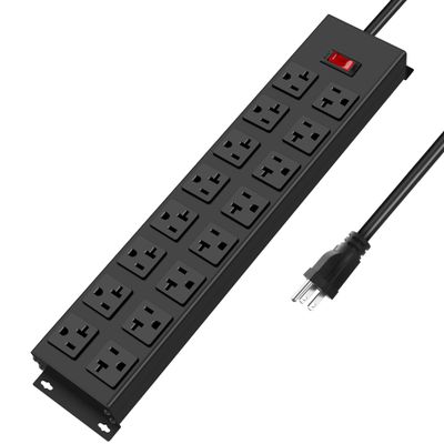 JUNNUJ Heavy Duty 20 Amp Power Strip with Surge Protection 3000J, Garage 16 Outlets Metal 12 Gauge, Desk Strips Wide Spaced, High Amp 5-15P Adapter Shop 6-20R T-Slot Industrial Outlets (16AC, 6FT)
