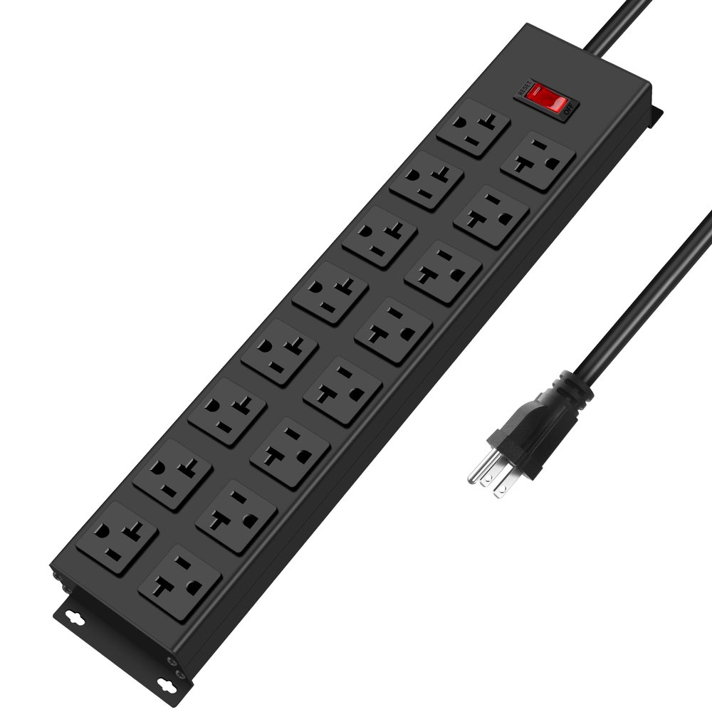JUNNUJ Heavy Duty 20 Amp Power Strip with Surge Protection 3000J, Garage 16 Outlets Metal 12 Gauge, Desk Strips Wide Spaced, High Amp 5-15P Adapter Shop 6-20R T-Slot Industrial Outlets (16AC, 6FT)
