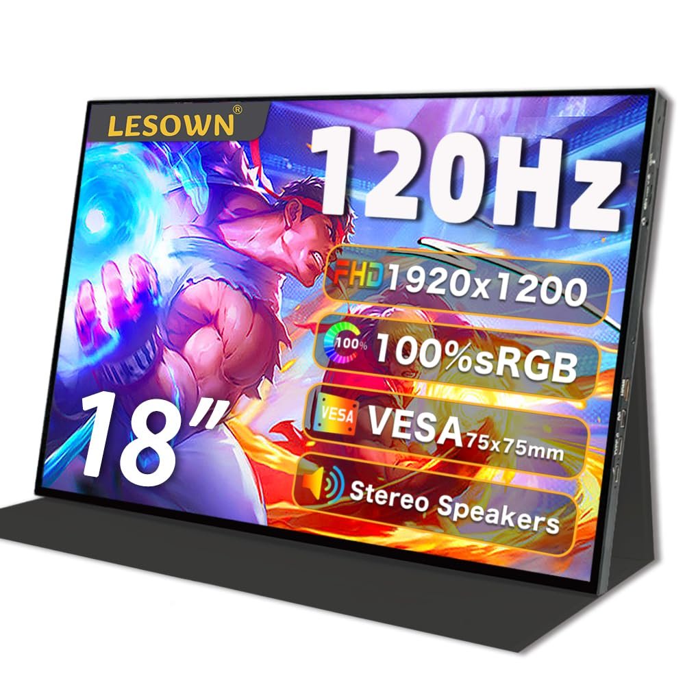 LESOWN 18" 1920x1200 Ultra Thin Portable Gaming Monitor Widescreen 100% sRGB 400Nits VESA USB-C External Display, Built-in Speakers (18" 1200P 120Hz No Touch)