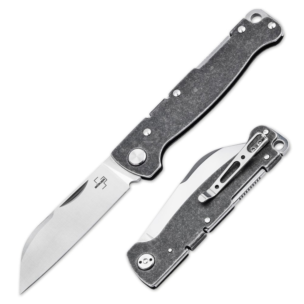 BOKER PLUS Atlas Backlock Sheepfoot  Small 2-handed Full-Metal Pocket Knife with D2 Sheepfoot Blade  Slim EDC Backlock Folding Knife with Stainless Steel Handle  Gift Box