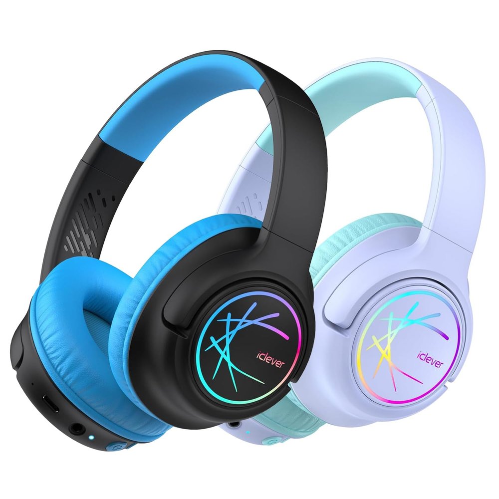 iClever 2 Pack Kids Bluetooth Headphones with LED Lights, BTH18 Safe Volume 74/85dBA, 43H Playtime, Bluetooth5.3 Kids Headphones Wireless Aux Cord for iPad/Tablet/Travel/School, Purple & Black