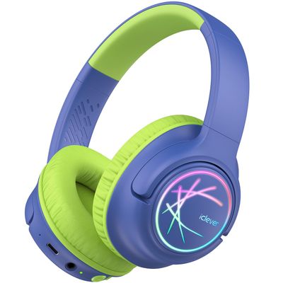 iClever Kids Bluetooth Headphones with LED Lights, BTH18 Safe Volume 74/85 dBA, 43H Playtime, Bluetooth5.3 Kids Headphones Wireless Aux Cord for iPad/Tablet/Travel/School, Green/Blue