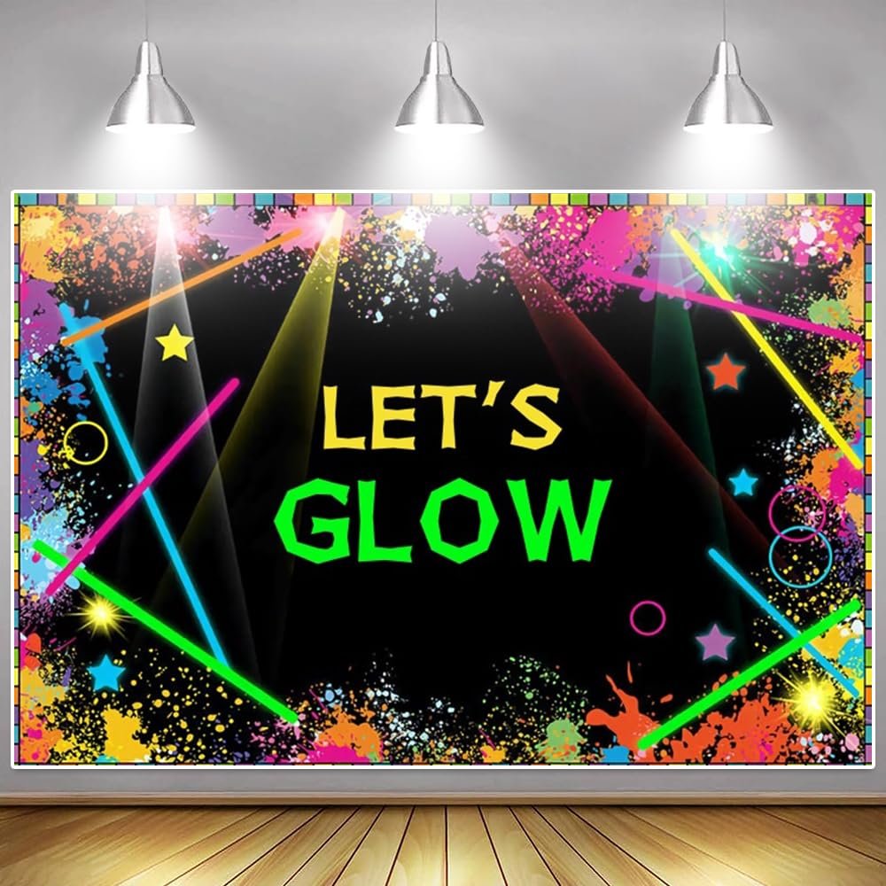 Let's Glow Neon Party Decorations Backdrop Glow Theme Birthday Neon Party Supplies Background Party Decoration Retro 70s 80s 90sDance Party Decoration Supplies Baner Props 12x10ft