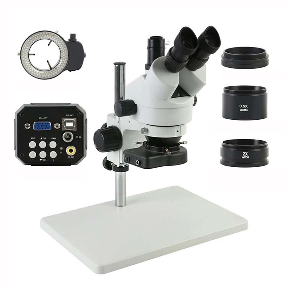 ERoomQ Microscope Accessories Kit Trinocular Stereo Microscope 3.5X-90X Continuous Zoom Magnification+VGA USB AV Video Camera+144 LED Light+Big Stand+0.5x/2x Lens Microscope Slides