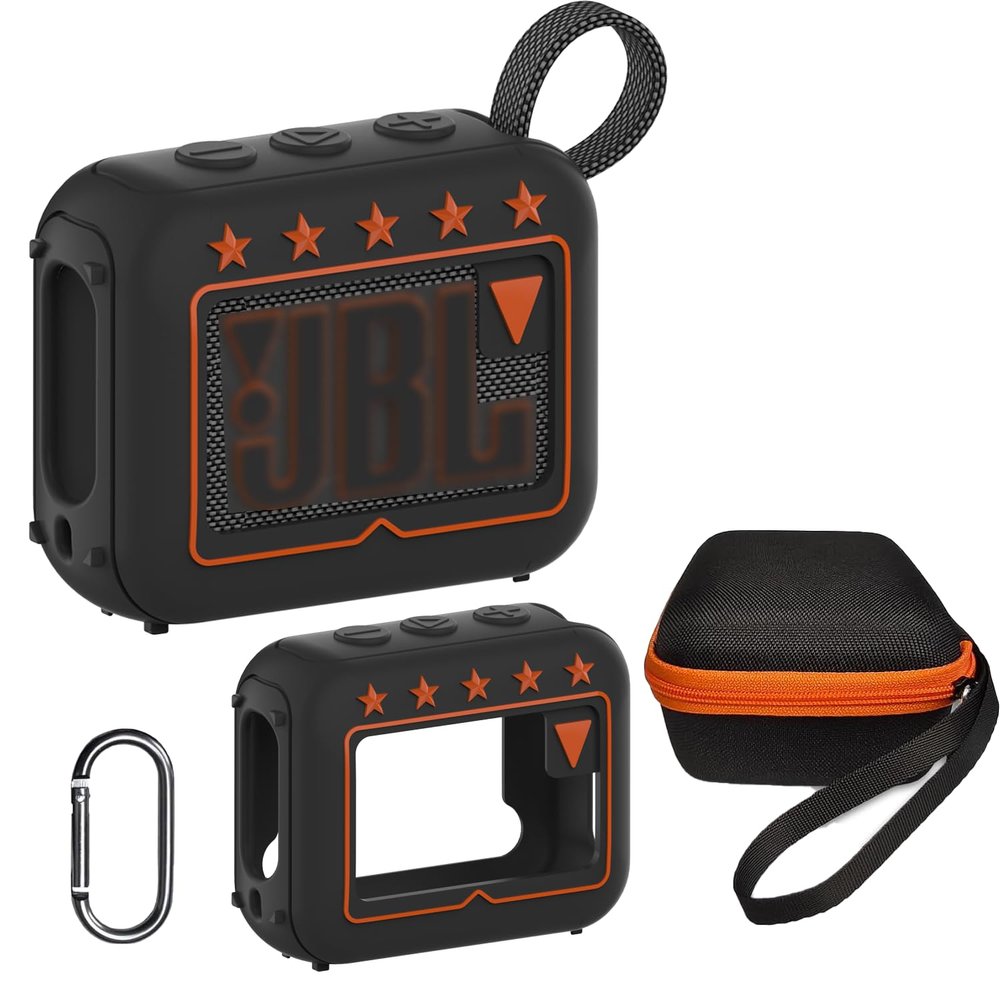 JCHPINE Silicone Cover and Hard Travel Case for JBL Go 4 Ultra Portable Bluetooth Speaker, Accessories for JBL Go 4 Pro Sound Bluetooth Speaker Stand Up Holder (Black Case)