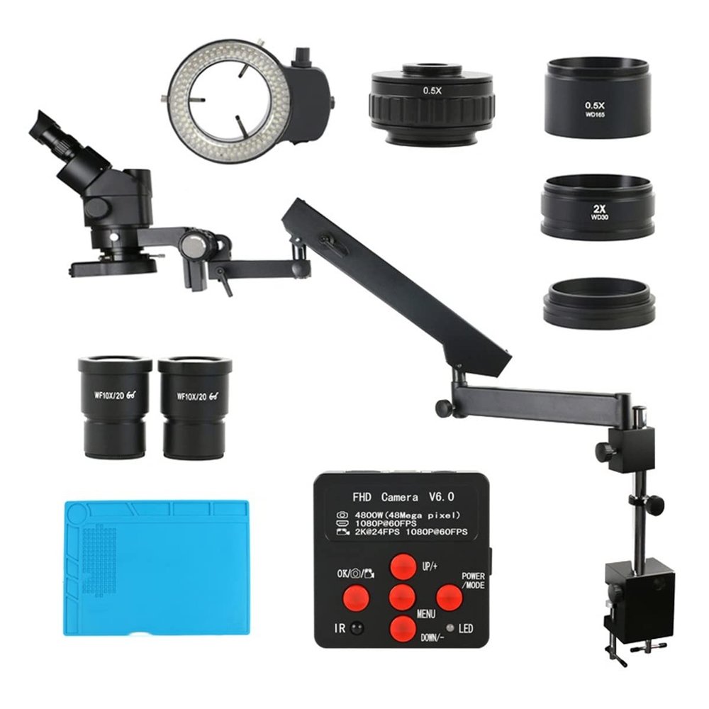 ERoomQ Microscope Accessories Kit 3.5-90X Rotate Universal Articulating Arm Trinocular Stereo Continus Zoom Microscope 48MP 2K USB Camera Microscope Slides