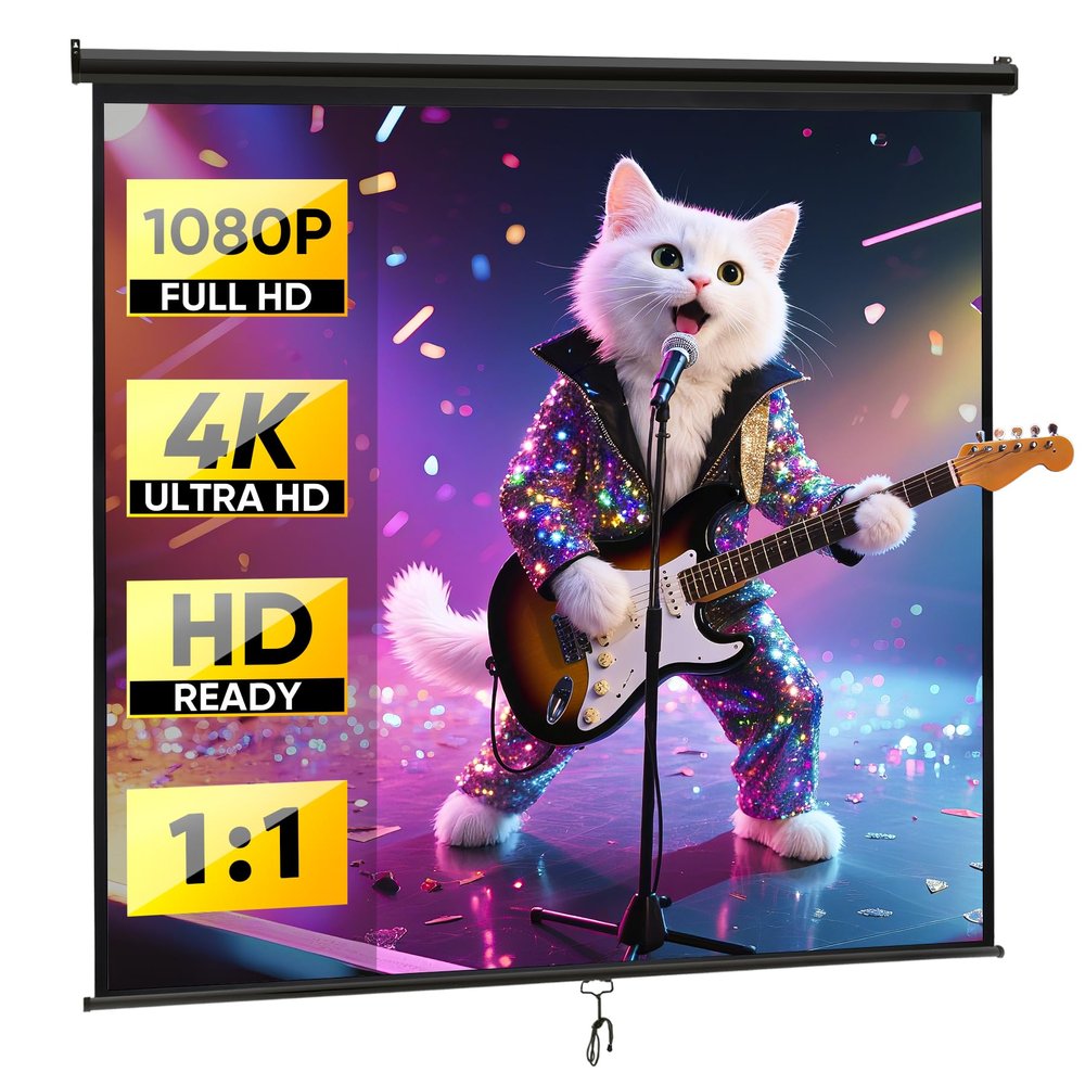 Epetlover 120 Inch Projection Screen Manual Pull Down Indoor Outdoor Movie Screen, 1:1 4K HD Wrinkle-Free Portable Projector Screen for Home Cinema Office Classroom, Black