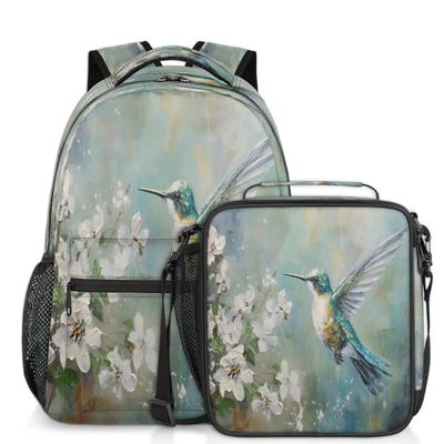 Backpack with Lunch Box Travel Backpack Animal Hummingbird Bookbag & Lunch Bag Insulated Lunchbox Waterproof Daypack Laptop Backpack Freezable Lunch Bag
