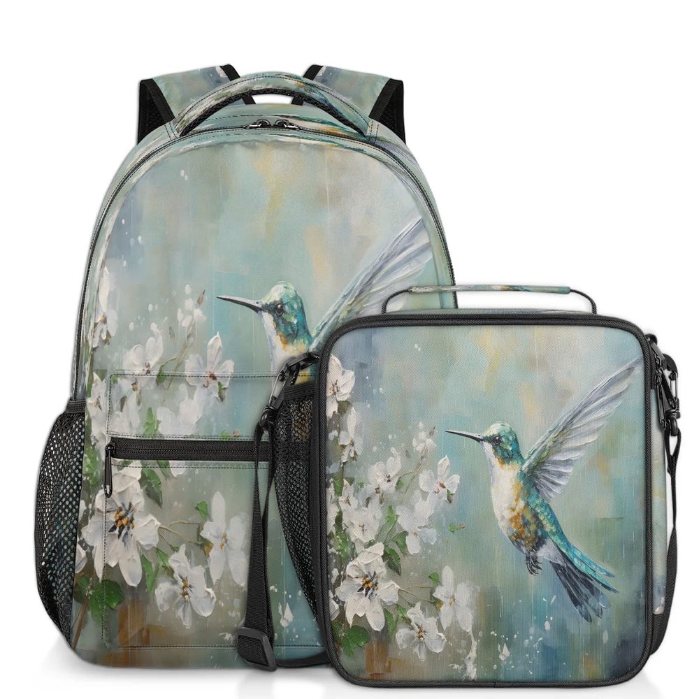 Backpack with Lunch Box Travel Backpack Animal Hummingbird Bookbag & Lunch Bag Insulated Lunchbox Waterproof Daypack Laptop Backpack Freezable Lunch Bag