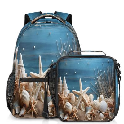Backpack with Lunch Box Travel Backpack Seashell Starfish Bookbag & Lunch Bag Insulated Lunchbox Waterproof Daypack Laptop Backpack Freezable Lunch Bag