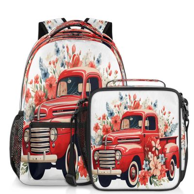 4th of July Car Backpack with Lunch Box Travel Backpack Bookbag & Lunch Bag Insulated Lunchbox Waterproof Daypack Laptop Backpack Freezable Lunch Bag