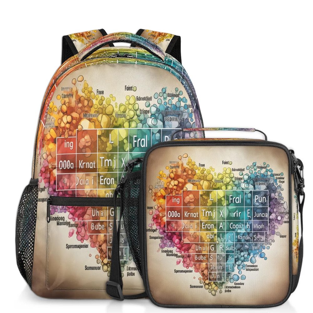 Backpack with Lunch Box Travel Backpack Retro Love Heart Bookbag & Lunch Bag Insulated Lunchbox Waterproof Daypack Laptop Backpack Freezable Lunch Bag