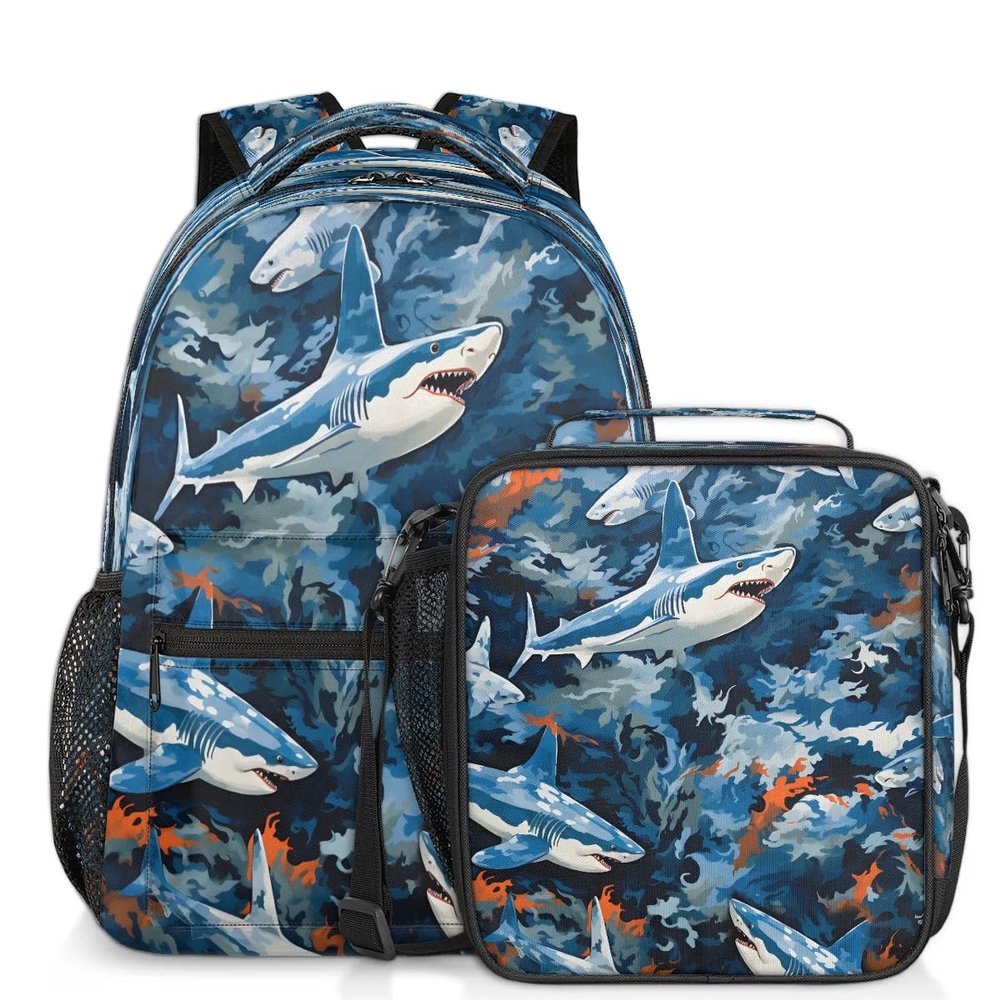 Backpack with Lunch Box Travel Backpack Shark Camouflage Bookbag & Lunch Bag Insulated Lunchbox Waterproof Daypack Laptop Backpack Freezable Lunch Bag