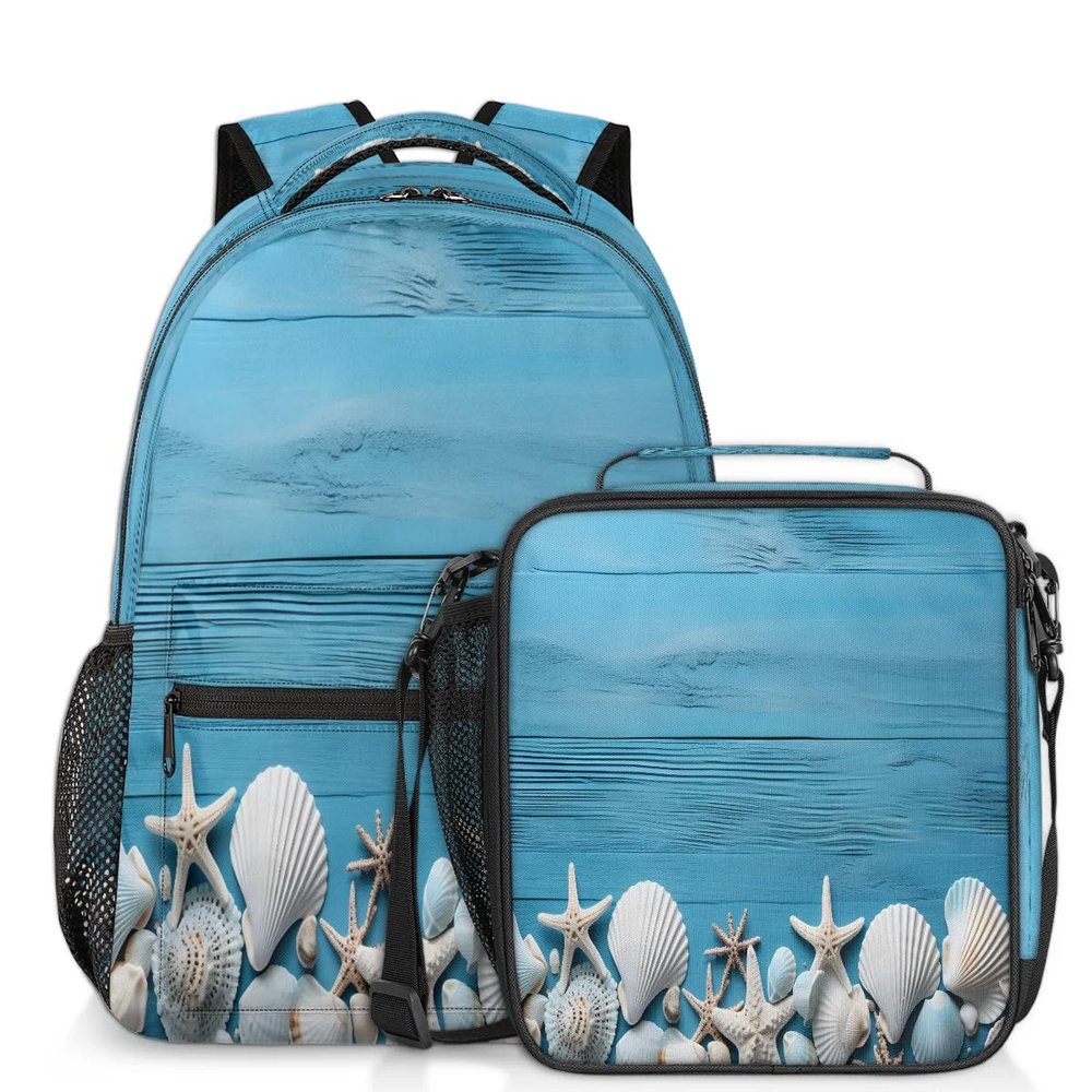 Backpack with Lunch Box Travel Backpack Wooden Seashell Starfish Bookbag & Lunch Bag Insulated Lunchbox Waterproof Daypack Laptop Backpack Freezable Lunch Bag
