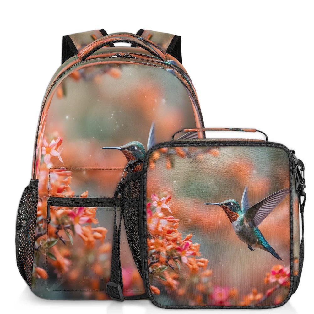 Backpack with Lunch Box Travel Backpack Hummingbird Bookbag & Lunch Bag Insulated Lunchbox Waterproof Daypack Laptop Backpack Freezable Lunch Bag