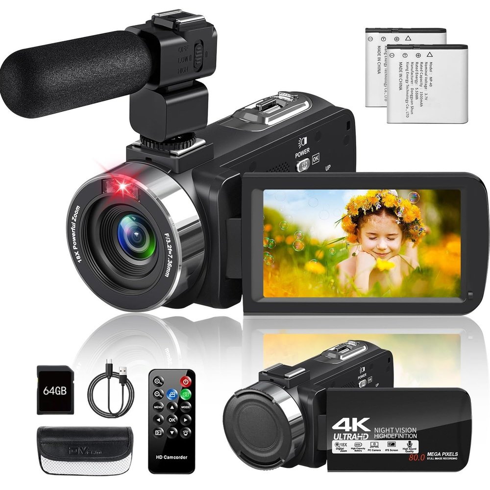 4K Video Camera Camcorder 80MP 30FPS with IR Night Vision,18X Digital Zoom Camera Recorder 3.0 Inch 270 Degree Rotation Screen for YouTube with Remote Controller, 2 Batteries,64GB Card with Microphone