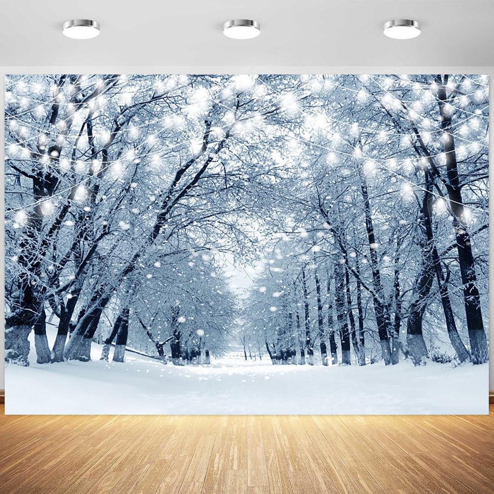 10x6.5ft Winter Forest Backdrop Wonderland Snowflakes Snowy Woodland Photography Background Snow Scene Christmas Party Portrait Decorations Supplies Photo Booth Props