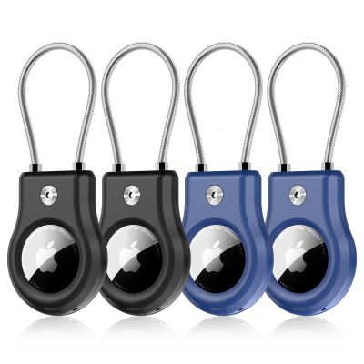 Compatible with Apple AirTag Secure Holder, 4 Pack AirTag Lock Case Keychain Holder with Wire Cable, Anti-Lost Protective Case with Keyring for Luggage Key Backpack Dog Collar, Black & Blue