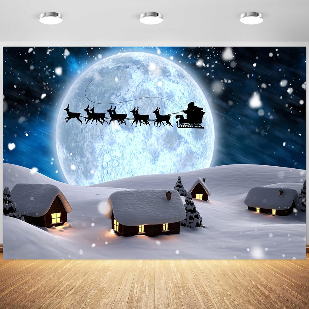 10x8ft Winter Snow Scene Backdrop Snowy Village Christmas Night Moon Santa Photography Background Winter Xmas Party Holiday Family Portraits Decorations Supplies Photo Booth Props
