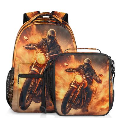Backpack with Lunch Box Travel Backpack Motorcycle Fire Bookbag & Lunch Bag Insulated Lunchbox Waterproof Laptop Backpack Freezable Lunch Bag Daypack