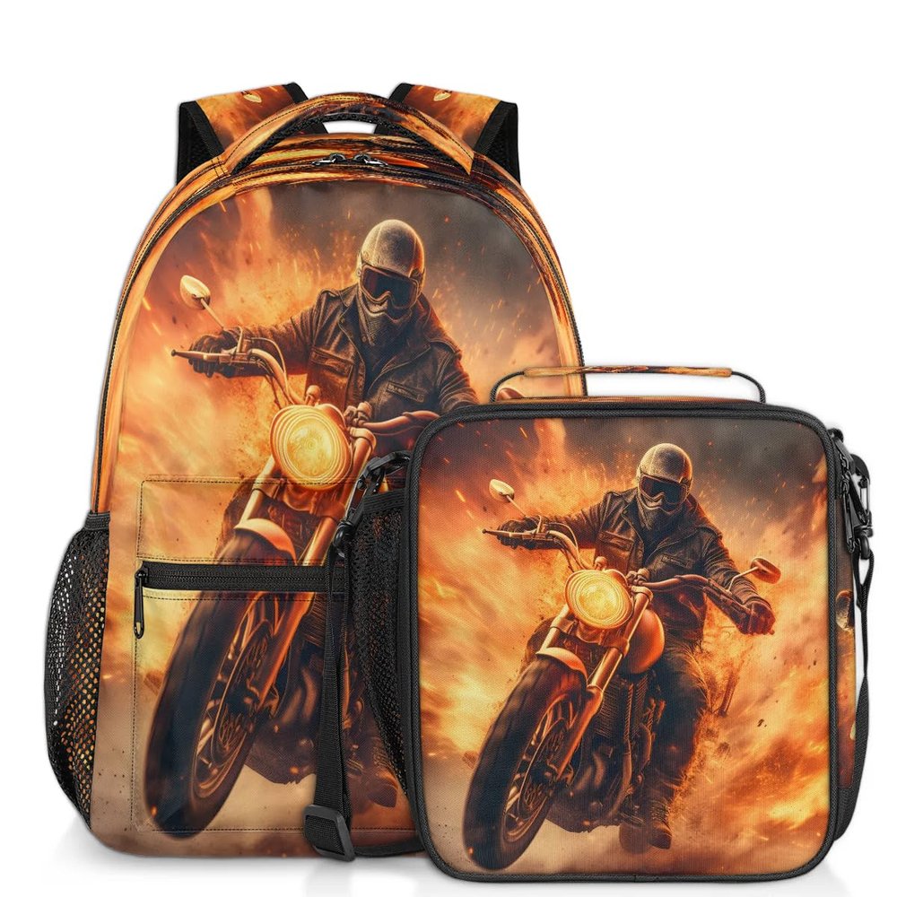 Backpack with Lunch Box Travel Backpack Motorcycle Fire Bookbag & Lunch Bag Insulated Lunchbox Waterproof Laptop Backpack Freezable Lunch Bag Daypack