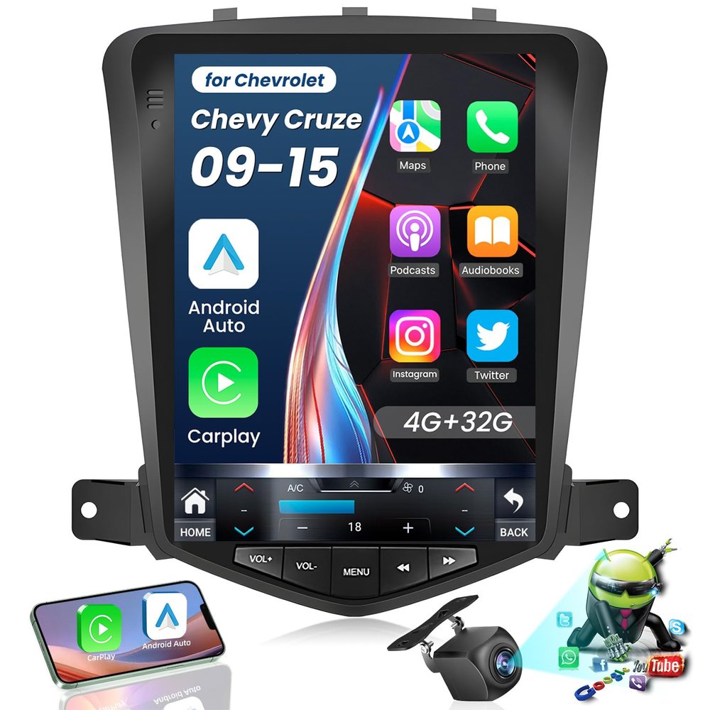 4+32GUpgrade with Button Car Stereo Radio for Chevrolet Cruze Accessorie 2009 2010 2011 2012 2013 2014 2015 Android: GPSNavigation 10.4 Inch Touchscreen Bluetooth WiFi Head Unit Backup Camera