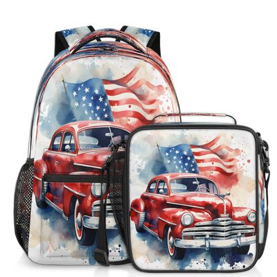 Backpack with Lunch Box Travel Backpack 4th of July Car Bookbag & Lunch Bag Insulated Lunchbox Waterproof Laptop Backpack Freezable Lunch Bag Daypack