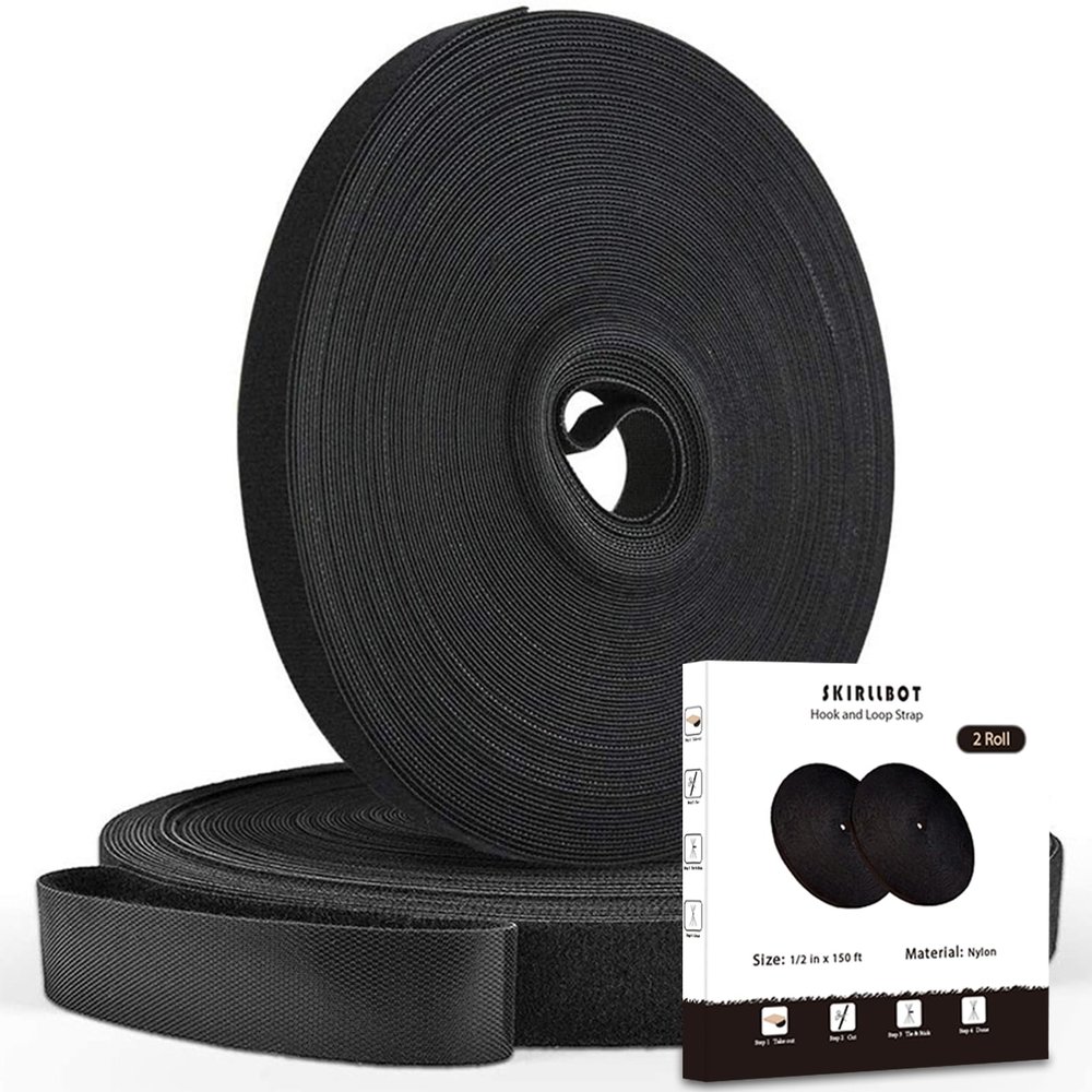 1/2 x 150 (0.5inch, 150 feet Long) Hook and Loop Tape Strap SKIRLLBOT, Double-Sided Straps, Reusable & Durable, Fast Wrap, Great Adhesion, Cut to Any Length, Bind Anything with Ease, Black