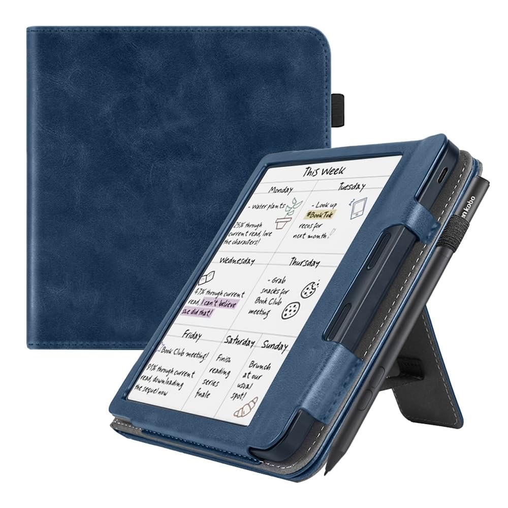AJUSIBZR Stand Case Compatible with Kobo Libra Colour 2024 Release 7 Inch E-Reader Auto Sleep Cover Funda Capa with Hand Holder(Dark Blue)