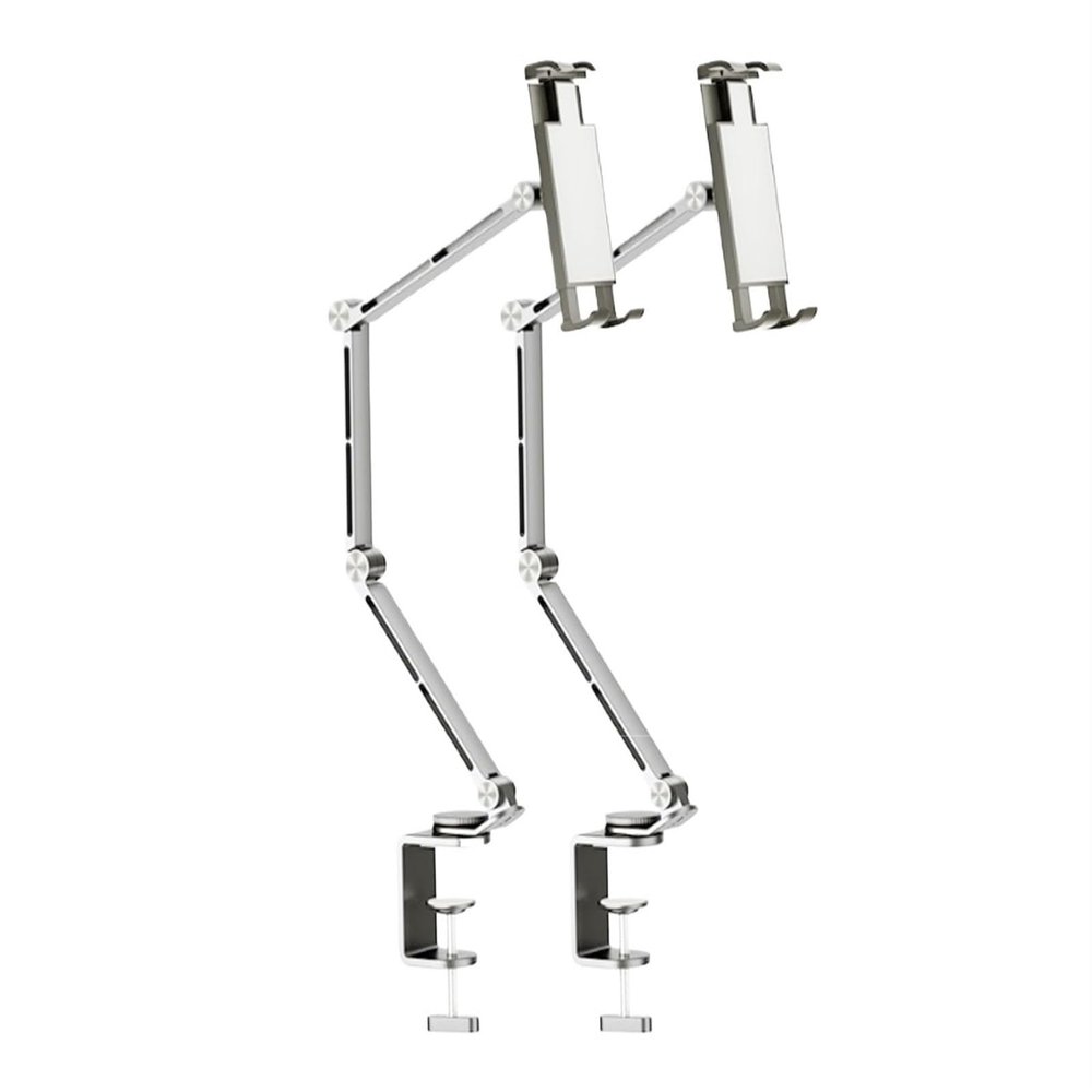 360 Degree Alloy Stand Phone/Tablet Stand, Tablet Holder Mount with Grip Extended Long Arm, Heavy Duty Phone/Tablet Metal Holder for Bed Adjustable Foldable Stand for Desk Aluminum(Gris,2pcs)
