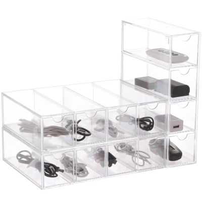 3 Pack 4-tier Clear Plastic Cable Organizer Drawer, Acrylic Sunglasses Organizers, Cable Management Box, Power Cord Storage Boxes with 30 Elastic Cable Ties
