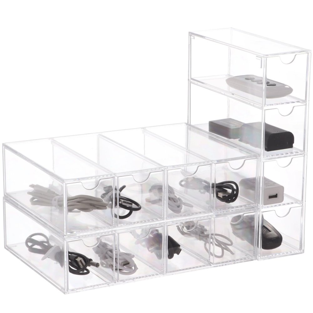 3 Pack 4-tier Clear Plastic Cable Organizer Drawer, Acrylic Sunglasses Organizers, Cable Management Box, Power Cord Storage Boxes with 30 Elastic Cable Ties