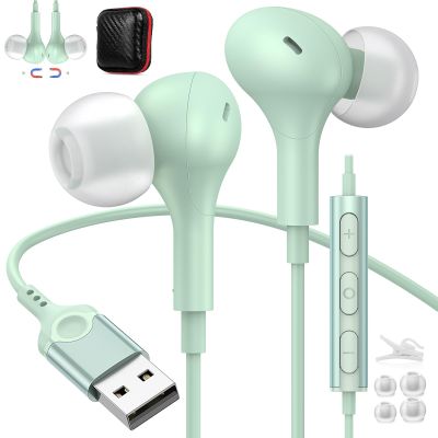 ACANDYA Computer Headphones USB Headset with Microphone for PC Laptop 7.5FT Cord Magnetic in-Ear Earbuds Audio Control Mute Function for Desktop Notebook Headset for Office Live Broadcast Gaming
