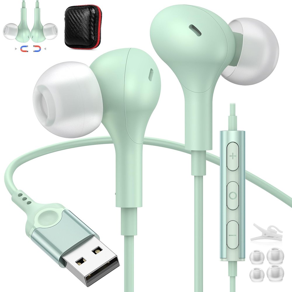 ACANDYA Computer Headphones USB Headset with Microphone for PC Laptop 7.5FT Cord Magnetic in-Ear Earbuds Audio Control Mute Function for Desktop Notebook Headset for Office Live Broadcast Gaming