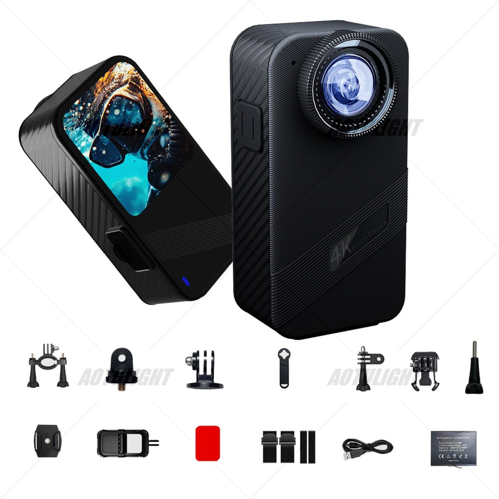 AOTULIGHT Action Camera 4K 360 Active HDR Video Single-Lens Stabilization 2.29" Touch Screen with 64GB Card Action Camera Sports Camera 4K 60 Frames Dual Screen WiFi Vlogging Camera