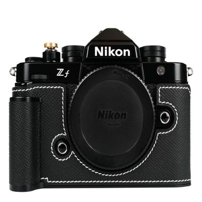 Handmade Genuine Leather Camera Half Case for Nikon ZF/Nikon ZF Case - Top Layer Cowhide Body + Metal Base Plate + Hand Shank Design (Black)