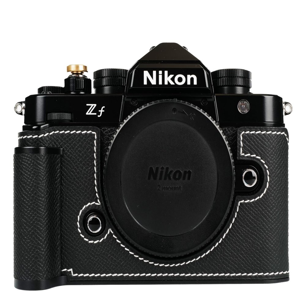 Handmade Genuine Leather Camera Half Case for Nikon ZF/Nikon ZF Case - Top Layer Cowhide Body + Metal Base Plate + Hand Shank Design (Black)