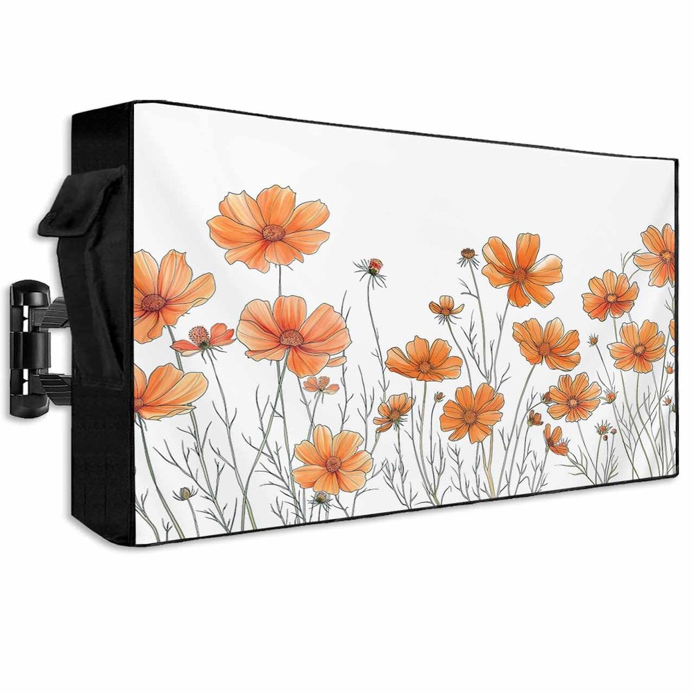 LBCASA Outdoor TV Cover 48 to 50 Inch Weatherproof, Fall Daisy Flowers 600D Oxford TV Covers with Waterproof Zipper, Farmhouse Orange Floral Outside Flat TV Screen Protector Size 48"W x 30"H x 4.5"D